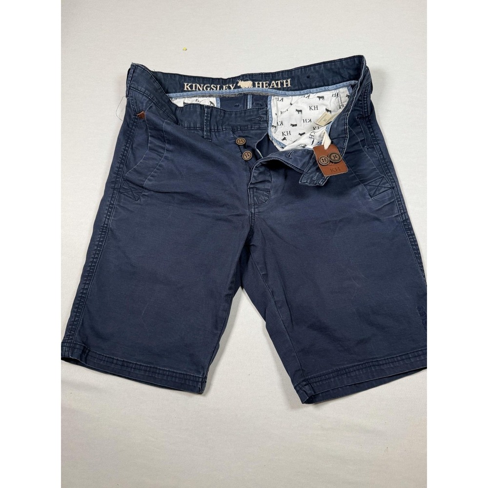 Kingsley Heath Shorts Mens 34 Blue Chino Flat Front Logo Slash Pockets Casual
